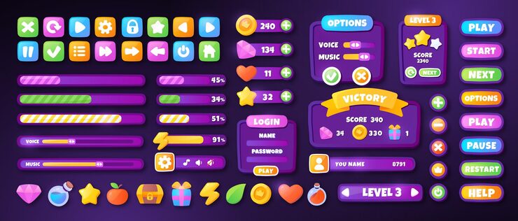 Ui interface set game or program collection of progress or loading bars options and settings