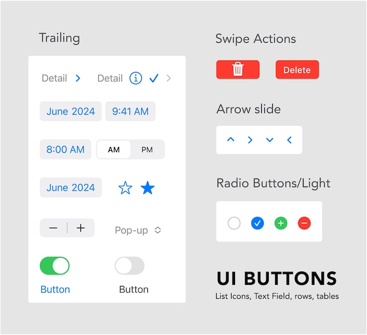 UI kit with template for Lists UI Buttons Icons tables and radio buttons