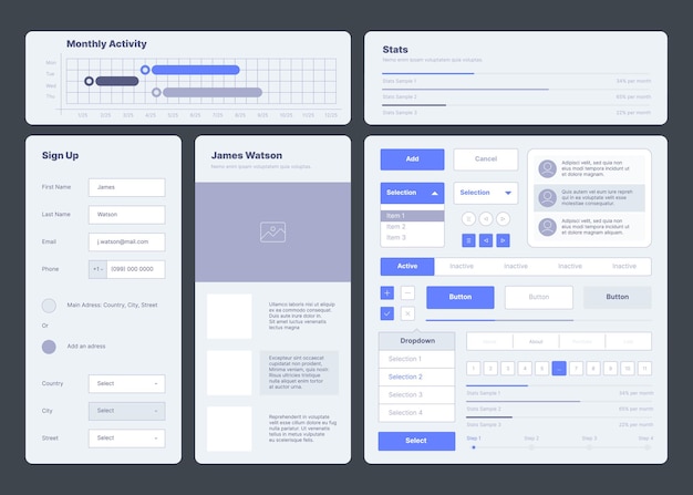 Vector ui template. web dashboard elements buttons dividers menu symbols ux layout garish vector collection. illustration report responsive software, user homepage button