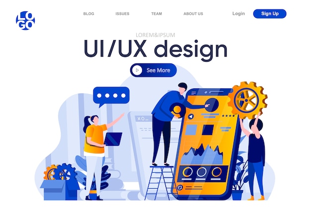 Vector ui ux design flat landing page. developers team together creating interface of mobile application illustration. responsive design and usability web page composition with people characters.