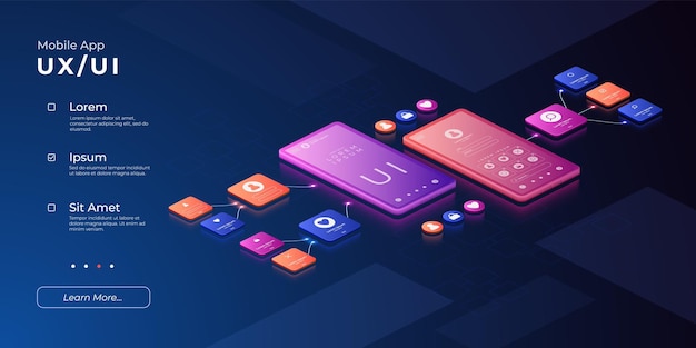 Vector ui ux design mobile prototype 3d user experience interface digital technology smartphone application management electronic devices phone app control vector web banner template