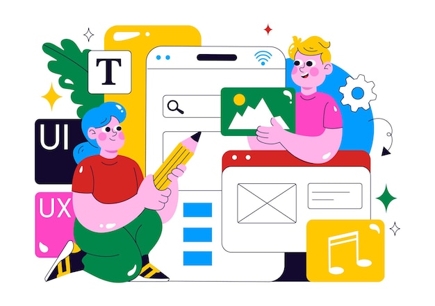 Vector ui ux design vector illustration featuring application and software website development with app coding in a flat style cartoon background