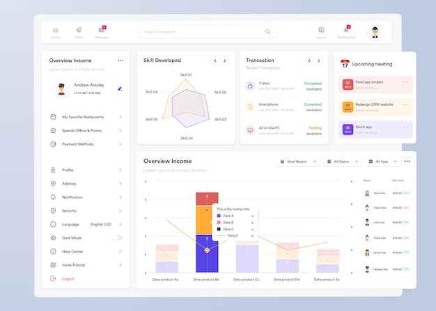 Vector ui ux infographic dashboard ui design with graphs charts and diagrams web interface template