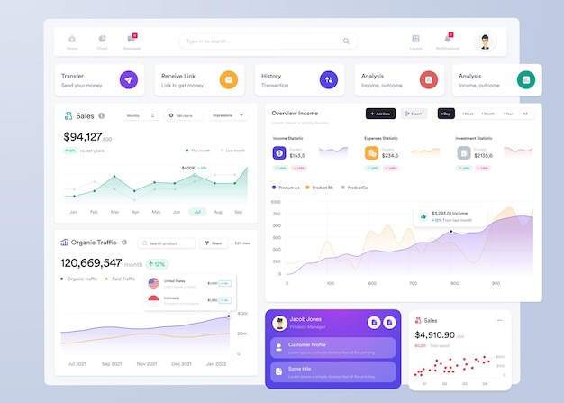 Vector ui ux infographic dashboard ui design with graphs charts and diagrams web interface template