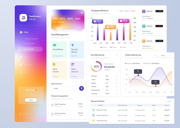 Vector ui ux infographic dashboard ui design with graphs charts and diagrams web interface template