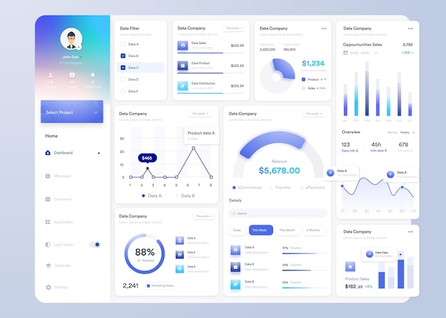 Vector ui ux infographic dashboard ui design with graphs charts and diagrams web interface template