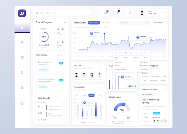 Vector ui ux infographic dashboard ui design with graphs charts and diagrams web interface template