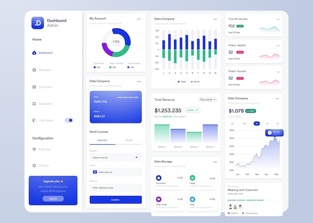 Vector ui ux infographic dashboard ui design with graphs charts and diagrams web interface template