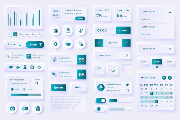 Vector ui ux kit for apps and website ui design with gradient color and realistic drop shadow