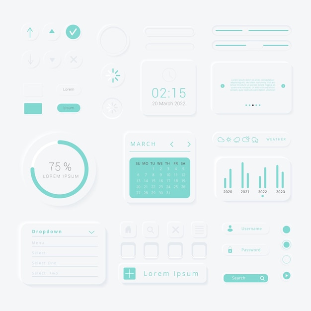Vector ui ux neumorphism element interface design vector design set on light background ui components buttons bars sliders in elegant neumorphic style for mobile web app website development interfaces