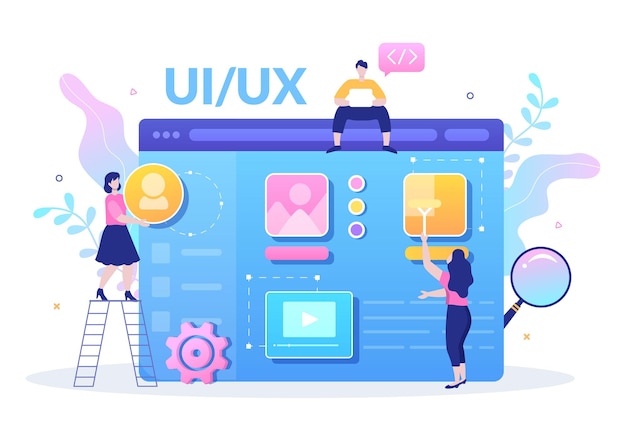 Vector ui & ux programmer flat design vector illustration for business information and team sharing ideas with designer, coding, interface or software app development