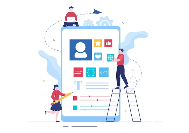 Vector ui & ux programmer flat design vector illustration for business information and team sharing ideas with designer, coding, interface or software app development