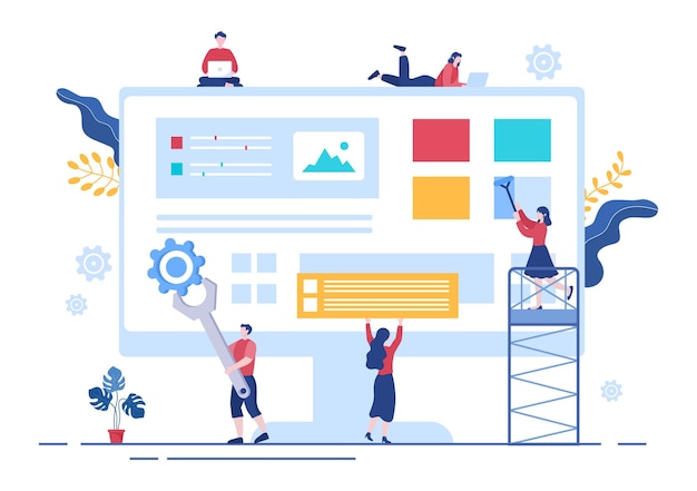 Vector ui & ux programmer flat design vector illustration for business information and team sharing ideas with designer, coding, interface or software app development