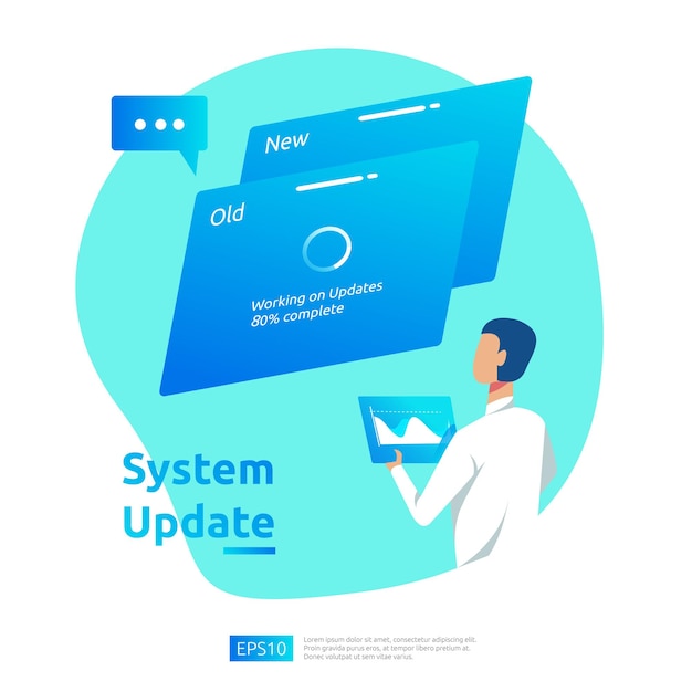 Vector update progress concept of operation system, data synchronize process and installation program. illustration web landing page template, banner, presentation, ui, poster, ad, promotion or print media.