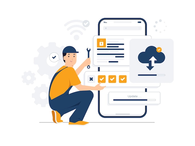 Vector update software system maintenance update process install software operating system concept illustration