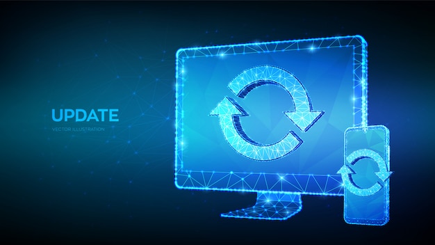 Vector update, synchronization, processing concept. abstract 3d low polygonal computer monitor and smartphone with update or sync sign.