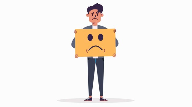 Vector upset man showing banner with upset smiley flat vector isolate