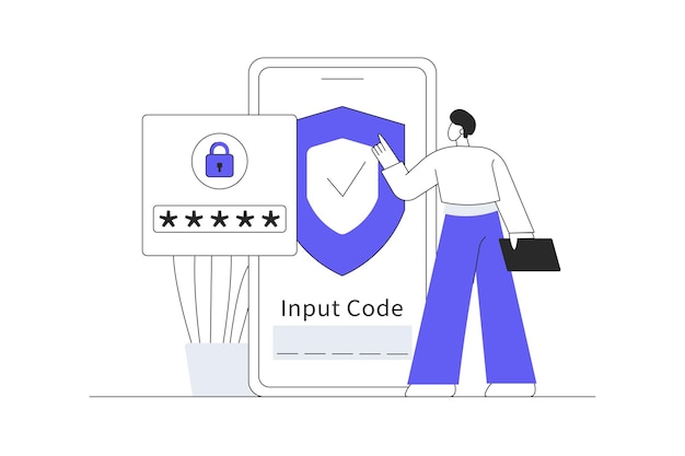 Vector user activating twofactor authentication on smartphone with verification code input flat cartoon