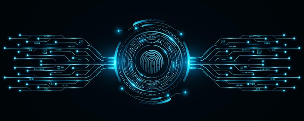 Vector user fingerprint scan with glowing hud circle and electronic computer elements biometric data security touch screen button with ai circuit board for ui and gui design vector illustration