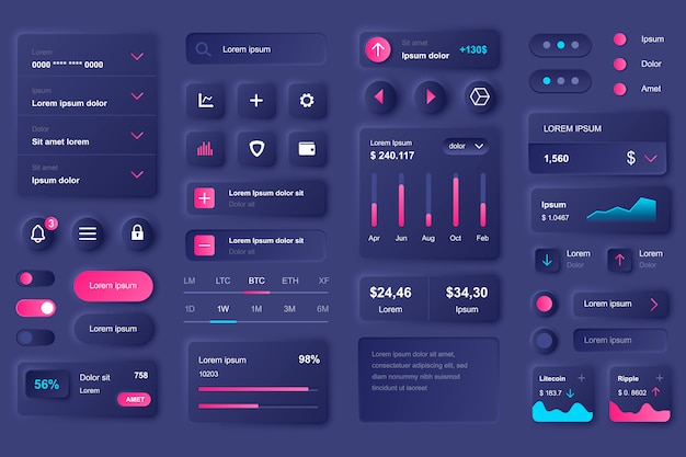 Vector user interface elements for cryptocurrency mobile app. cryptocurrency mining, exchange and stock trading gui templates. unique neumorphic ui ux design kit. manage, navigation and analytics components