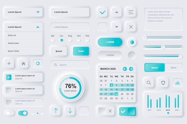 Vector user interface elements for finance mobile app. financial analytics, time management and planning gui templates. unique neumorphic ui ux design kit. manage, navigation, search form and components.