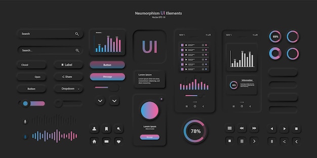 Vector user interface elements for a mobile application in a dark style a set for developing a modern website or mobile application in the neumorphism style vector eps 1 0