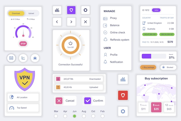 Vector user interface elements set for cyber security mobile app kit template with hud diagrams vpn shield connection information download and upload data pack of ui ux gui screens vector components