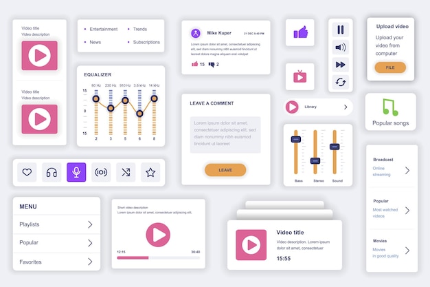 Vector user interface elements set for video tube mobile app kit template with hud diagrams player button streaming platform equalizer playlist rating pack of ui ux gui screens vector components