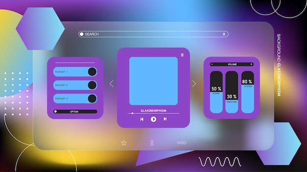 Vector user interface for a music player app background gradient glassmorphism effect