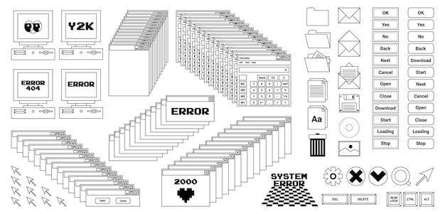 Vector user interface y2k stickers retro icon browser buttons screen computer folder file document thumbnails loading progress bar notifications and more black white colors vector illustration