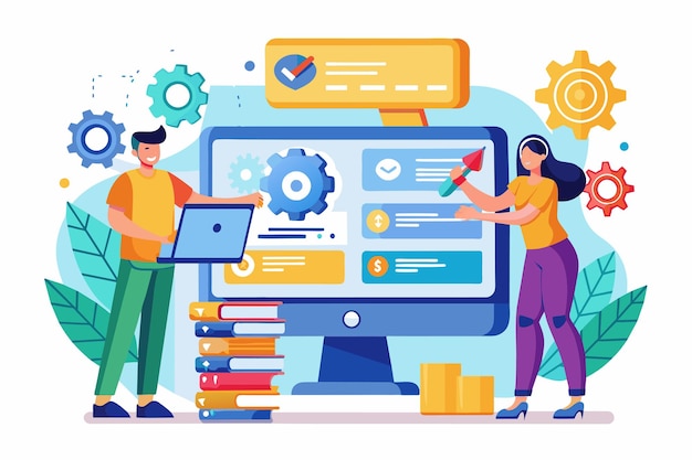 Vector a user is installing software on a computer while another person prepares settings in a contemporary office setup install software on computer flat illustration