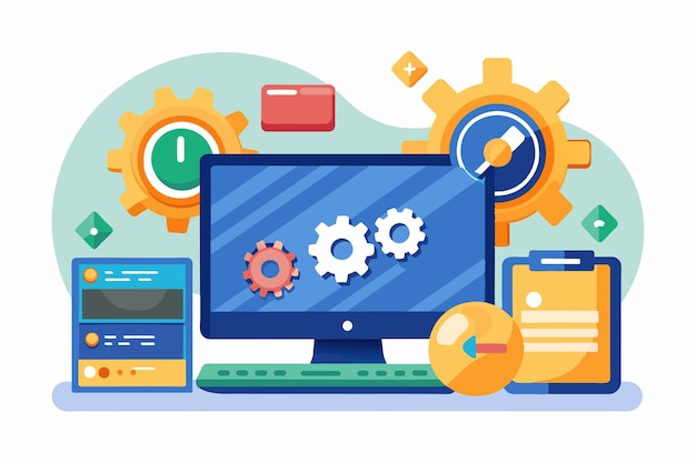 Vector a user upgrades their computers operating system showcasing various customizable features and tools operating system upgrade customizable flat illustration