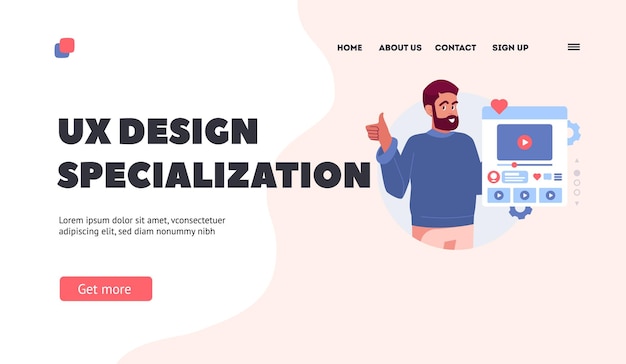 Vector ux design specialization landing page template ui designer male character develop website interface creating content