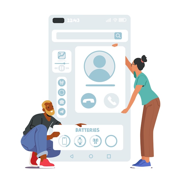 Vector ux ui designer characters create mobile application information blocks structure programmer at workplace