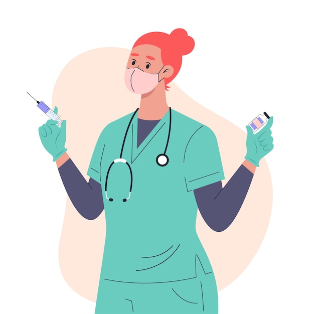 Vector vaccination and injection, female nurse in a medical mask and gloves with vaccine