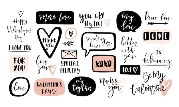 Vector valentines day hand drawn calligraphy with love elements