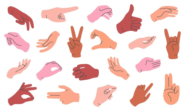 Vector various hand gestures in a minimalistic style hands in diverse skin tones showing gestures like thumbs up peace sign and pointing perfect for infographics social media and design projects