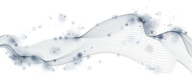Vector vector abstract background with wave of flowing particles, smooth curve shape lines, particle array flow. 3d shape dots blended mesh, future technology relaxing wallpaper.