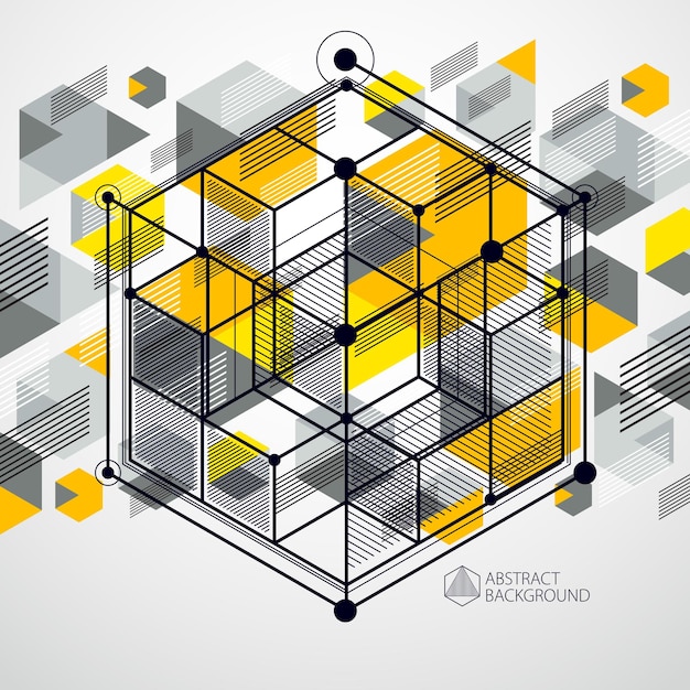 Vector vector of abstract geometric 3d cube pattern and yellow background. layout of cubes, hexagons, squares, rectangles and different abstract elements.