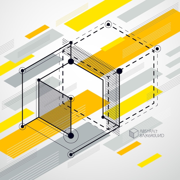 Vector vector of abstract geometric 3d cube pattern and yellow background. layout of cubes, hexagons, squares, rectangles and different abstract elements.