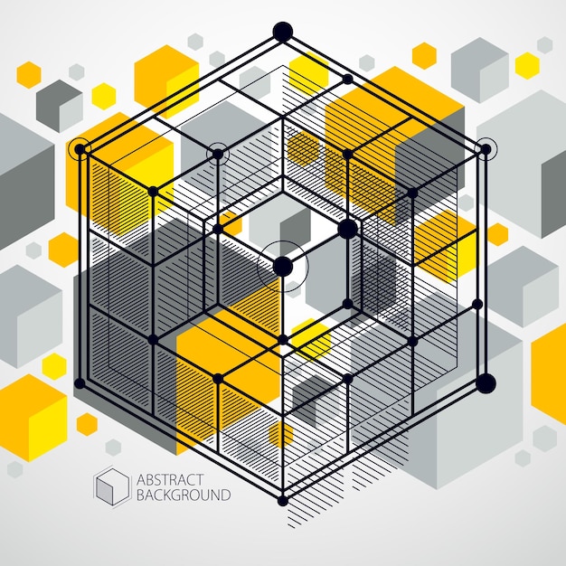 Vector vector of abstract geometric 3d cube pattern and yellow background. layout of cubes, hexagons, squares, rectangles and different abstract elements.