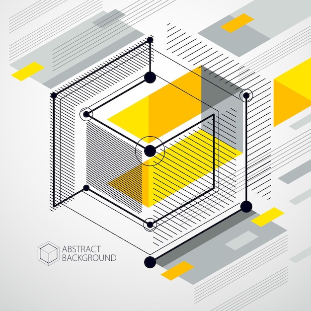 Vector vector of abstract geometric 3d cube pattern and yellow background. layout of cubes, hexagons, squares, rectangles and different abstract elements.
