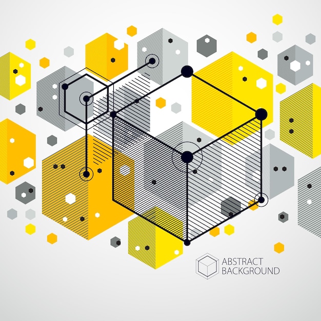 Vector vector of abstract geometric 3d cube pattern and yellow background. layout of cubes, hexagons, squares, rectangles and different abstract elements.