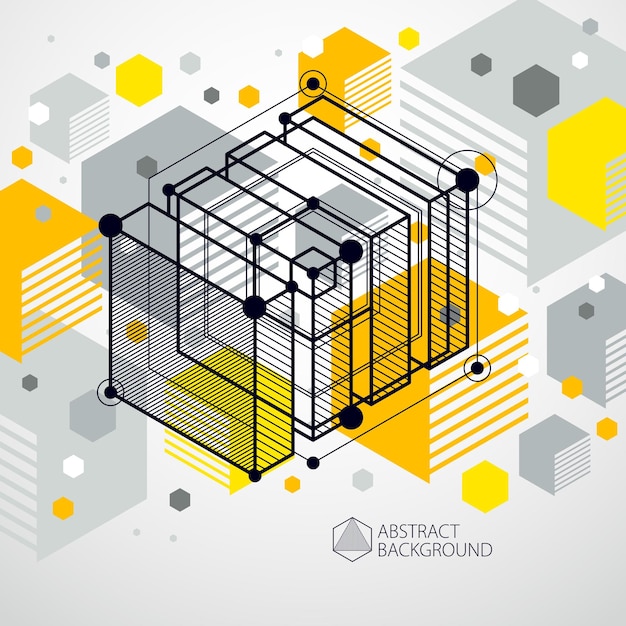 Vector vector abstract yellow background created in isometric mesh lines style. mechanical scheme, vector engineering drawing with cube and mechanism parts. perfect background for your design projects