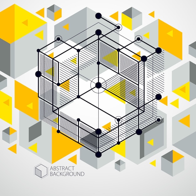 Vector vector abstract yellow background created in isometric mesh lines style. mechanical scheme, vector engineering drawing with cube and mechanism parts. perfect background for your design projects