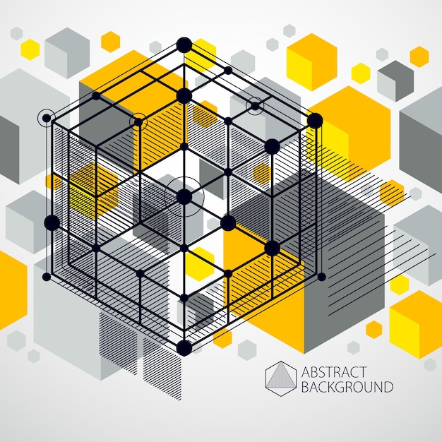 Vector vector abstract yellow background created in isometric mesh lines style. mechanical scheme, vector engineering drawing with cube and mechanism parts. perfect background for your design projects