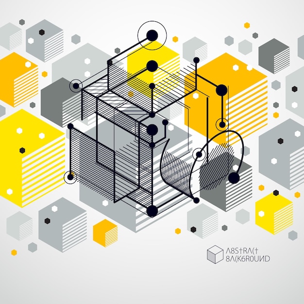 Vector vector abstract yellow background created in isometric mesh lines style. mechanical scheme, vector engineering drawing with cube and mechanism parts. perfect background for your design projects