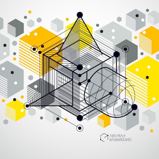 Vector vector abstract yellow background created in isometric mesh lines style. mechanical scheme, vector engineering drawing with cube and mechanism parts. perfect background for your design projects