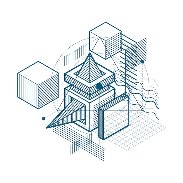 Vector vector background with abstract isometric lines and figures. template made with cubes, hexagons, squares, rectangles and different abstract elements.