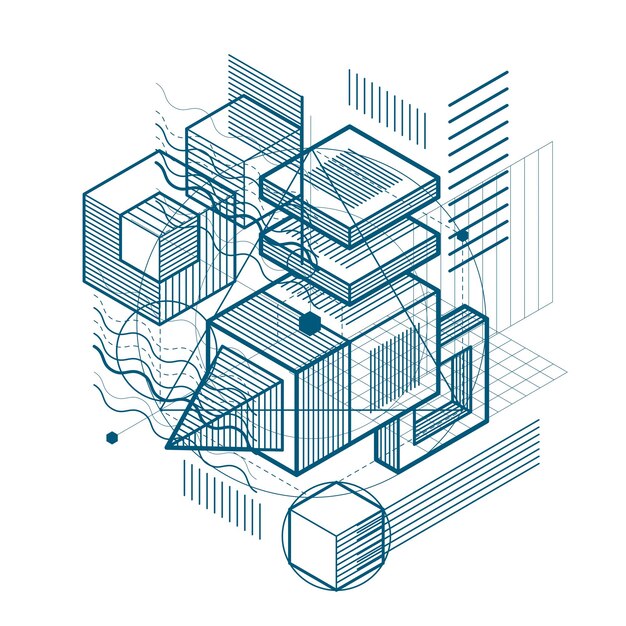 Vector vector background with abstract isometric lines and figures. template made with cubes, hexagons, squares, rectangles and different abstract elements.